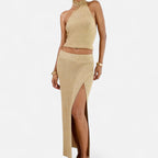 Eloura | Gold Knit Two-Piece Set – Sculpted Flow, Elevated Simplicity