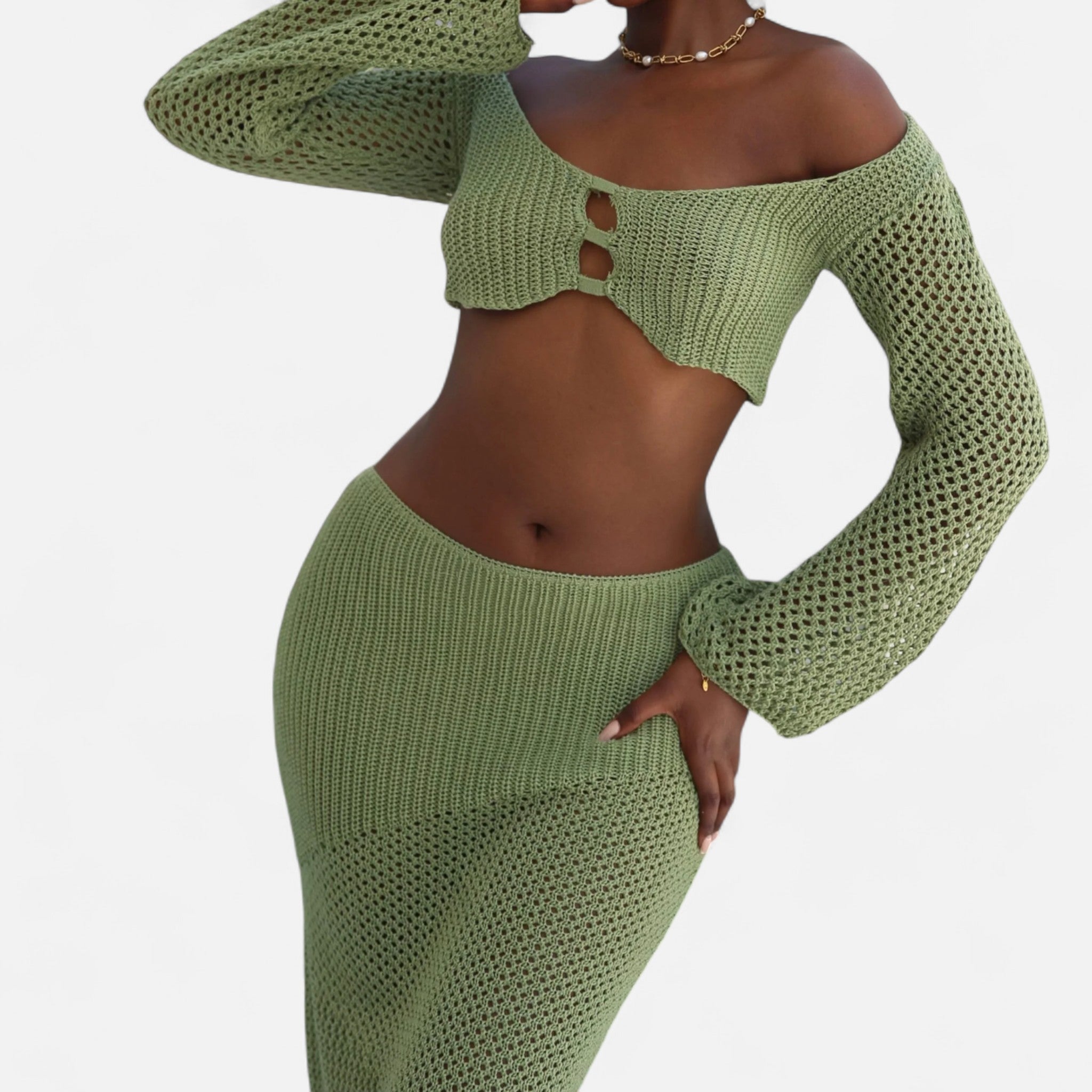 Eloura | Green Crochet Two-Piece – Earthy Texture, Effortless Confidence