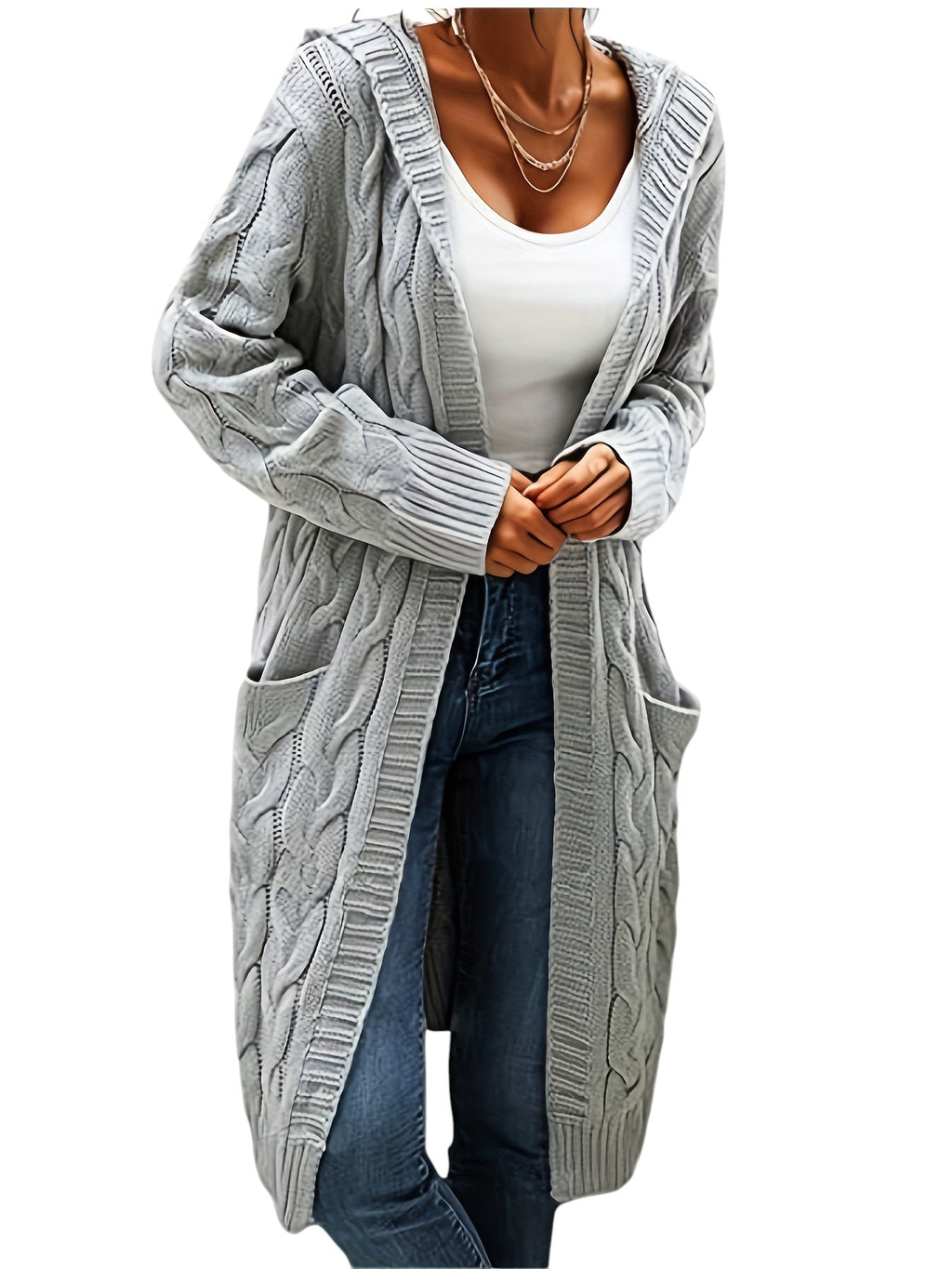 Eloura | Women’s Long Cable-Knit Hooded Cardigan – Cozy, Elegant & Layer-Perfect